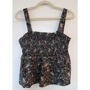 Reitmans Sleeveless Smocked Linen Top Black Floral L
